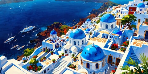 Naklejka premium santorini greece anime style stunning aesthetic and hi background