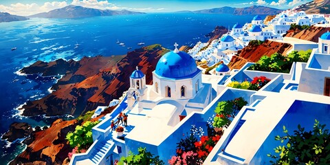 Naklejka premium street in greece anime style stunning aestheti background