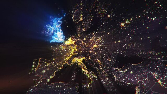 Digital Pixel Art Earth Night from Space Rotate and Zoom Shining Country United Kingdom