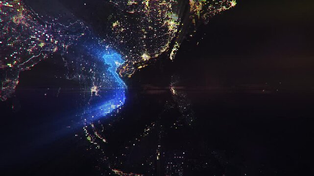 Digital Pixel Art Earth Night from Space Rotate and Zoom Shining Country Vietnam