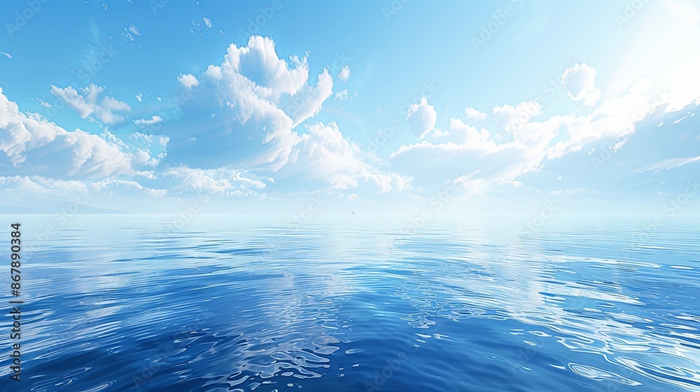 Aufkleber a wide shot of a calm ocean surface with white clouds in a bright blue sky. generative ai