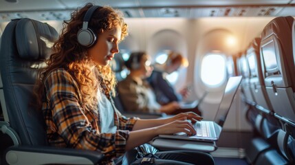 A woman with headphones on a laptop in an airplane. AI.