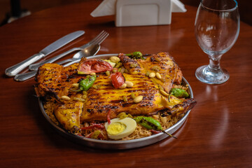 BBQ chicken platter served with rice 