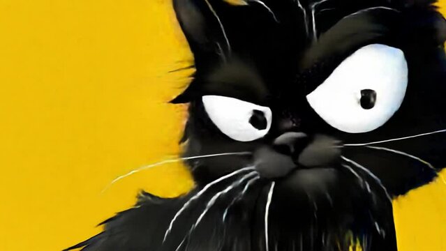 Black cartoon cat with an expression of dissatisfaction on a yellow background. Concept: humor, cartoons, emotions, pets.