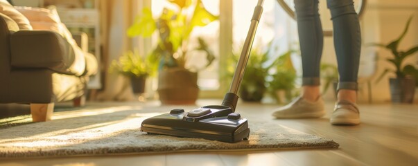 Obraz premium A woman is vacuuming a carpet in a living room. The room is filled with potted plants and a couch.