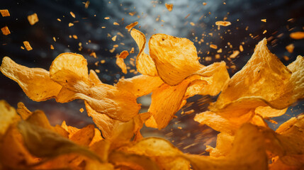 floating crunchy potato chips against dark background