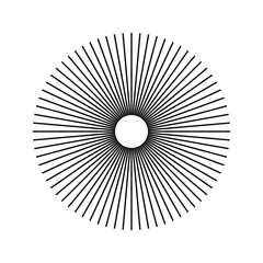 Radial circle lines: circular radiating geometric shapes resembling sun rays. Abstract design element. Vector illustration on a white background.