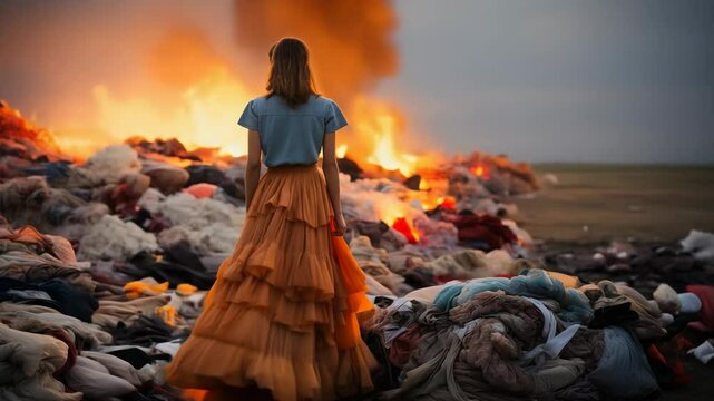 A woman sits in a landfill with clothes, looks into the distance against the backdrop of mountains and sunset. concept: ecology, environmental pollution, waste recycling and social issues.