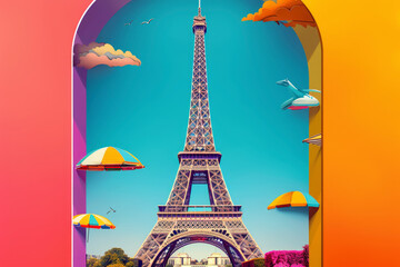 Travel poster of Paris - France, illustration  eifel tower. Generative AI