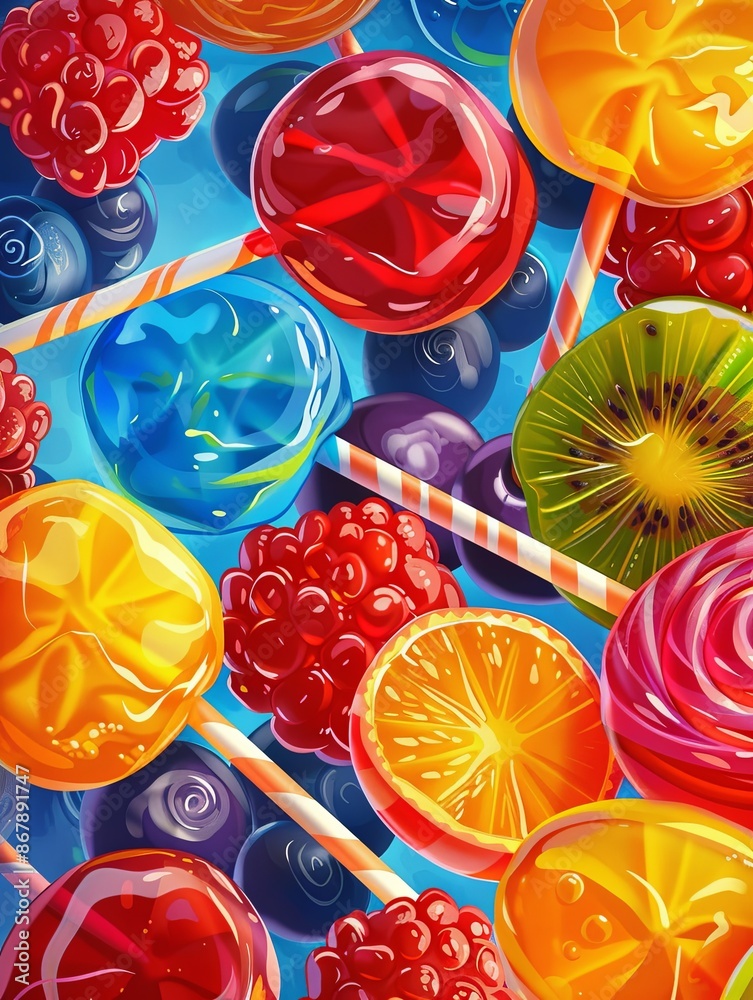 Poster a close-up shot of colorful fruit lollipops and berries on a blue background. generative ai