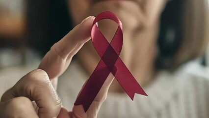 Lady showing hiv or aids awareness symbol, volunteering for charity campaign for prevention immunity disease, cancer, elderly healthcare support. Hand of mature woman holding red ribbon. Close up