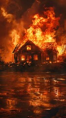 House engulfed in flames during a massive fire at night