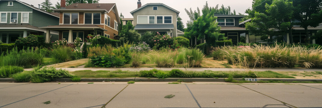 Suburban neighborhood with overgrown front yards and houses in the background 