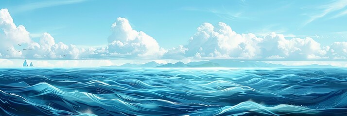 A digital illustration of a calm ocean with two sailboats in the distance, blue sky, and white clouds. Generative AI