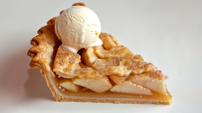 Freshly baked apple pie slice a scoop of vanilla ice cream on a white background