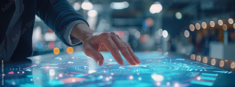Poster hands interact with a high-tech touchscreen in an advanced laboratory setting, showcasing futuristic