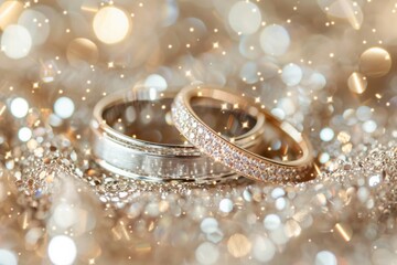 Close-up of two gold wedding rings with diamonds on a sparkling golden bokeh background. Macro shot for design and print. Generative AI
