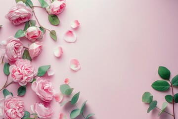 Pink flowers and green leaves arranged on a light pink background with scattered petals. Flat lay composition with copy space. Springtime and floral design concept. Generative AI