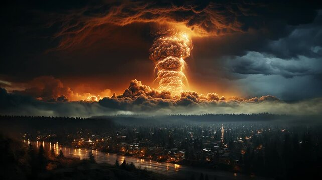 A nuclear explosion over the city, with a huge cloud of fire rising into the sky. Concept: apocalypse, disasters, nuclear war and emergency situations.