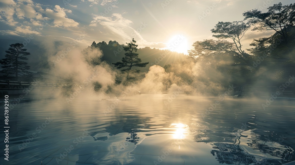 Poster a serene scene of a lake in japan during sunrise. the morning mist hangs over the still waters, and 