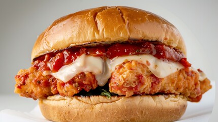 Savory chicken parmesan sandwich marinara sauce and melted cheese on a white background