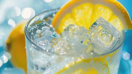 A refreshing glass of sparkling water with ice cubes and lemon slices. Sunlight reflects on the bubbles, suggesting a bright, possibly outdoor setting.