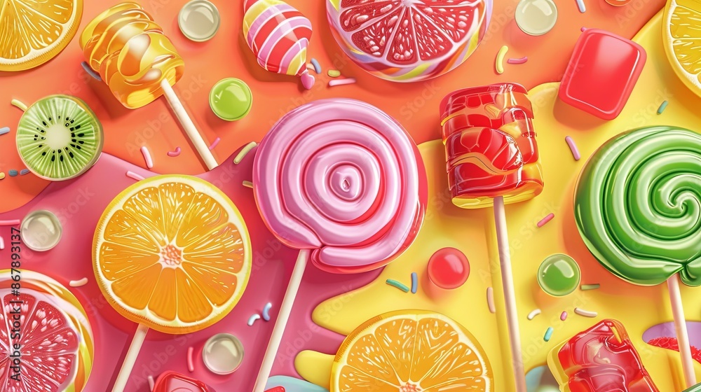 Poster an overhead shot of colorful lollipops and fruit slices arranged on a bright background. generative 