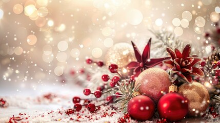 Winter holiday mood concept with Christmas decorations and sequins on light beige backdrop for seasonal message or marketing