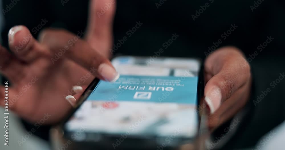 Poster phone, hands of woman and website on screen for contact information, consultation and research for a