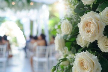 Open-air wedding scene filled joyful moments and luxury decor. Dreamy and affectionate wedding captured soft focus lens. Emphasizing perfect union of sophistication and heartfelt moments.