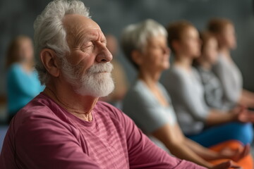 Elderly enjoy group yoga class promoting relaxation and equilibrium. Elderly individuals fostering wellness and healthy lifestyle. Peaceful environment of senior yoga class reflection of inner calm.