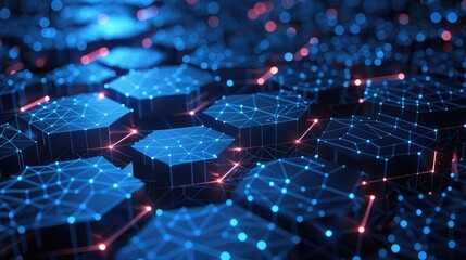 Obraz premium Digital network with interconnected hexagons and glowing communication nodes.