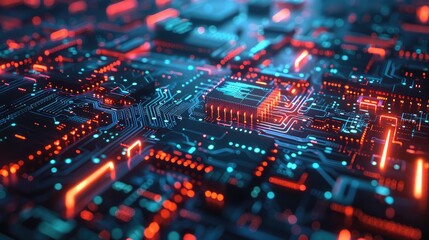 Obraz premium Digital transformation concept with overlapping circuits and glowing elements.