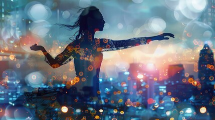 Obraz premium Double exposure of a dancer with city lights, merging elegance and urban life in graphic design