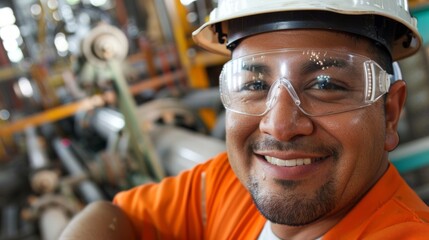 Male worker wearing safety gear in an industrial factory. Concept of safety equipment, engineering, industrial work, occupational health
