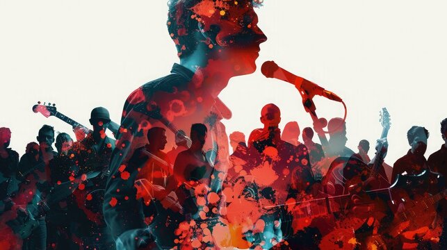 Double exposure of a musician with a concert crowd, symbolizing performance and audience in graphic design
