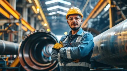 Hispanic male engineer wearing a yellow safety helmet in a modern industrial facility. Concept of worksite safety, engineering career, protective gear essentials