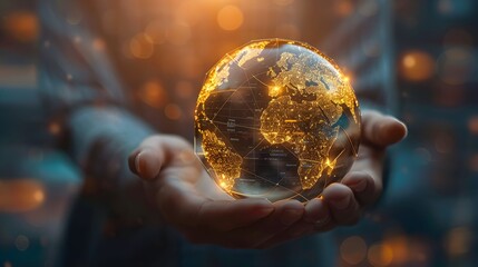 Fototapeta premium Businessman hold global business globe with network connected to digital marketing strategy and creative solution. Business development technology to support creativity idea
