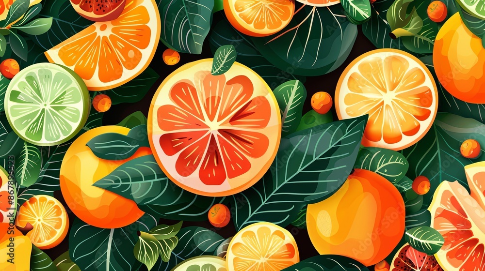 Poster a colorful illustration of various citrus fruits, including oranges, grapefruits, lemons, and limes,