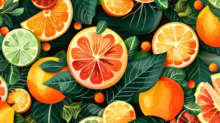 A colorful illustration of various citrus fruits, including oranges, grapefruits, lemons, and limes, arranged in a repeating pattern with lush green leaves. Generative AI