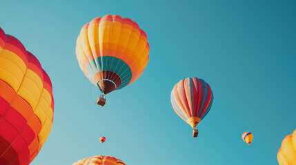 Obraz premium Colorful hot air balloons floating against a clear blue sky at a lively balloon festival, creating a vibrant and uplifting scene