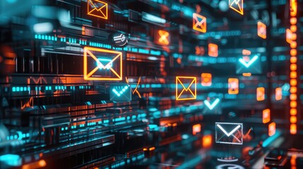 Floating digital icons of emails and messages in a futuristic setting.