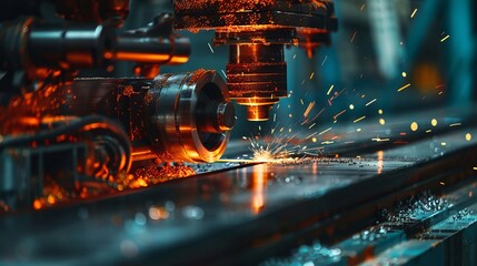 Industrial milling machine with vibrant sparks. Metal shavings and intense light create an energetic scene. Concept of machining, manufacturing, and technology