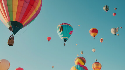 Fototapeta premium Colorful hot air balloons floating against a clear blue sky at a lively balloon festival, creating a vibrant and uplifting scene