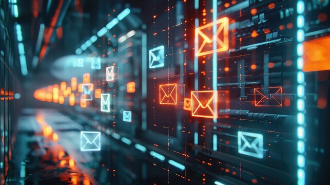 Floating digital icons of emails and messages in a futuristic setting.