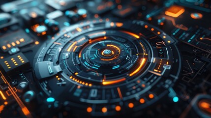 Futuristic design with rotating shapes and communication icons.