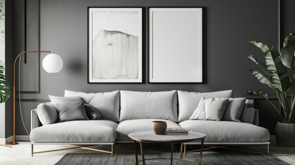 Mock up poster frame cozy modern living room interior have gray sofa and decor.