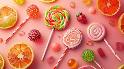 A flat lay image of various candies, fruits, and gummies arranged on a pink background. The colorful assortment includes lollipops, orange slices, and strawberries. Generative AI