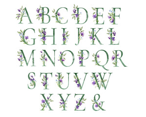 Floral Alphabet letter with botanical bouquet. Wedding watercolor hand painted invitations, daisy, sweet peas, herb, meadow flowers, greeting card, birthday, logo, poster