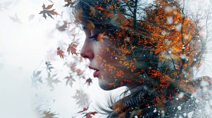 Image of a woman with autumn leaves layered, evoking the change of seasons in a double exposure effect
